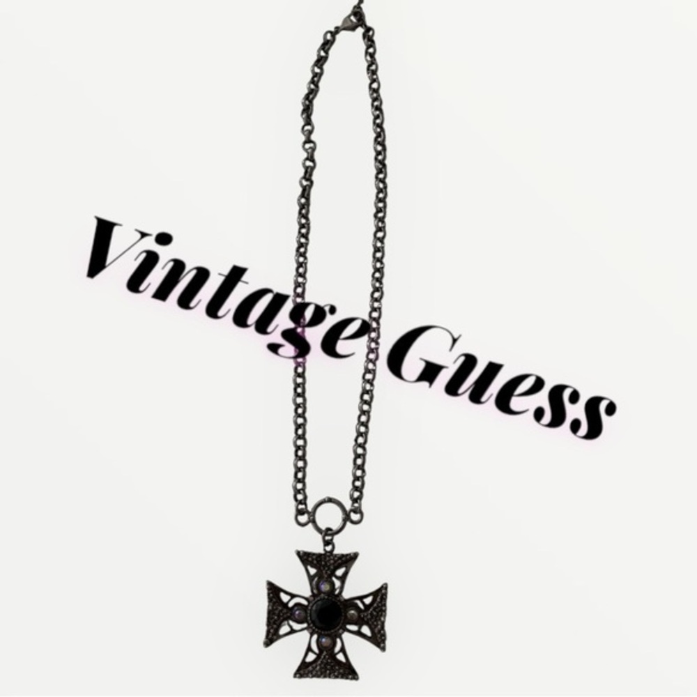 ❓Guess Vintage Gothic Black Stailnless Steel Cross Pendant Necklace with stones